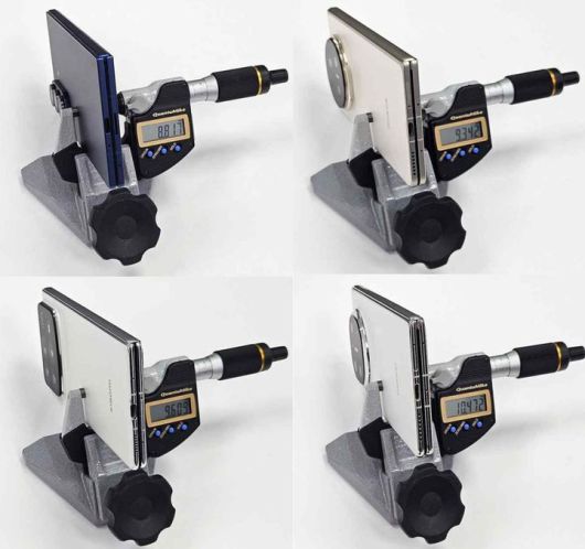 한국소비자중심기업협회(KCEA)는 24일 갤럭시 Z 폴드7과 중국산 폴더블폰의 두께 실측값을 비교한 결과 대부분 중국 폴더블폰이 공식 스펙보다 더 두꺼웠다고 밝혔다. 사진은 폴드7, 아너 매직 V5, 화웨이 메이트 X6, 샤오미 믹스 폴드4(사진 왼쪽 위부터 시계방향) 두께를 외측 마이크로미터로 실제 측정한 결과. (사진=KCEA 제공)  *재판매 및 DB 금지