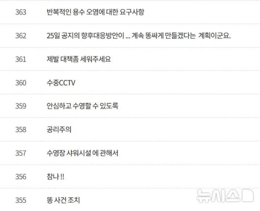 [뉴시스] 이용객 항의 게시글. (사진=영주실내수영장 홈페이지 캡처) *재판매 및 DB 금지