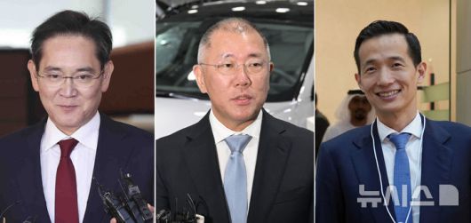 [서울=뉴시스] 왼쪽부터 이재용 삼성전자 회장, 정의선 현대차그룹 회장, 김동관 한화 부회장. (사진=뉴시스 DB) 2025.07.31. photo@newsis.com