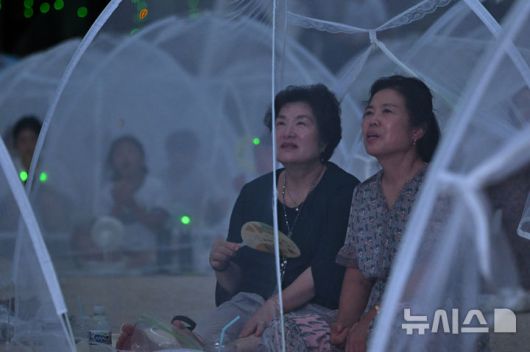 [구례=뉴시스] 이영주 기자 =  2일 오후 전남 구례군 화엄사에서 2025 제5회 지리산 대화엄사 모기장영화음악회가 열리고 있다. 관람객들이 모기장 안에서 공연을 보고 있다. 2025.08.02.  leeyj2578@newsis.com