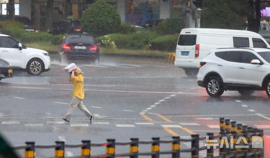 [제주=뉴시스] 우장호 기자 = 정체전선 영향으로 호우특보가 내려진 11일 오전 제주시 노형오거리 인근 횡단보도에서 우산을 준비하지 못 한 시민이 비를 피해 뛰어가고 있다. 2025.08.11. woo1223@newsis.com