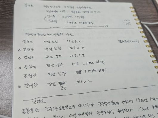 [서울=뉴시스] 조성하 기자 = 권시용 민족문제연구소 연구원이 13일 '적색 노동조합 준비위원회 사건' 관련 인물들의 생년·출신지 등을 정리한 수기 메모를 공개하고 있다. 2025.08.14. create@newsis.com *재판매 및 DB 금지