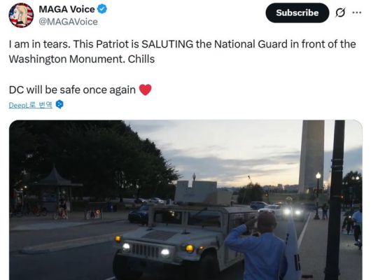 [워싱턴=뉴시스]미국 독립언론인 프리덤뉴스TV는 트럼프 대통령 지시에 따라 워싱턴DC 주방위군의 시내 배치가 시작된 지난 12일(현지 시간) 공개한 영상으로, 워싱턴기념탑 인근에서 군인들을 태운 장갑차가 지나가자 태극기를 지참한 시민이 경례를 하고 있는 모습. (사진=프리덤뉴스TV 영상 캡쳐).2025.08.15.   *재판매 및 DB 금지