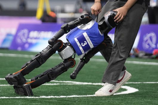 [베이징=AP/뉴시스] 15일(현지 시간) 중국 베이징 국가스피드스케이팅경기장에서 열린 2025 세계 휴머노이드 로봇 운동회 축구 경기에서 로봇이 옮겨지고 있다. 2025.08.18.