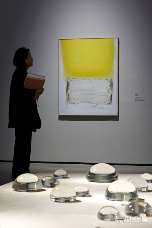 [서울=뉴시스] 박진희 기자 = 국립현대미술관(MMCA)은 한국현대미술 대표 작가인 김창열의 첫 대규모 회고전 '김창열' 언론공개회를 21일 서울 종로구 국립현대미술관 서울에서 갖고 작가의 대표작과 초기작을 선보이고 있다. 2025.08.21. pak7130@newsis.com