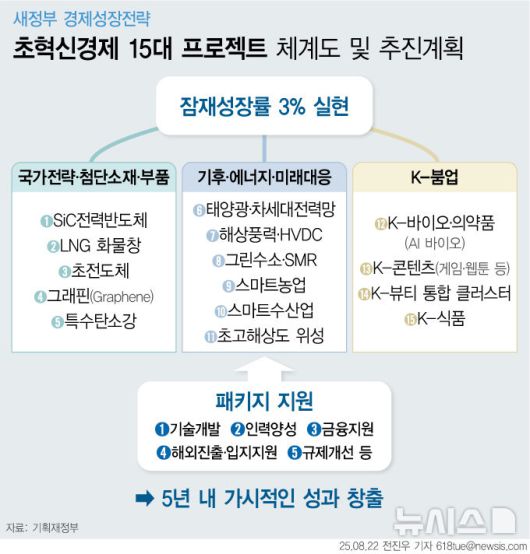 [서울=뉴시스] 지난달 22일 기획재정부가 발표한 '새정부 경제성장전략'에 따르면 정부는 기술선도 성장을 구현하기 위해 AI 전환과 첨단소재·부품, 기후·에너지기술 등 미래 성장 기반이 될 초혁신경제 분야를 집중 지원하기로 했다.  AI와 초혁신경제 분야에서 각각 15개씩의 선도 프로젝트를 선정해 올해 하반기부터 30개 프로젝트를 즉시 시행한다. (그래픽=전진우 기자) 618tue@newsis.com