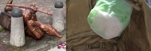 [서울=뉴시스] 2022년 도쿠가와 이에야스 동상이 쓰러진 채 발견된 모습(왼쪽)과 2019년 오다 노부나가 동상의 왼팔이 뜯겨 나간 모습(오른쪽). (사진 = 'ANN News CH' 유튜브 갈무리) 2025.08.28. *재판매 및 DB 금지