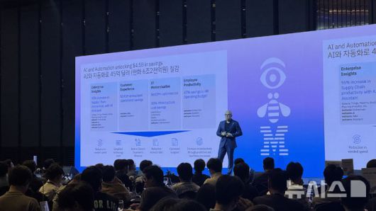 [서울=뉴시스] 윤정민 기자 = 한스 데커스 IBM 아시아태평양 총괄 사장은 16일 오전 서울 강남구 그랜드 인터컨티넨탈 서울 파르나스에서 열린 'IBM AI 서밋 코리아'에서 기조연설을 진행하고 있다. 2025.09.16. alpaca@newsis.com