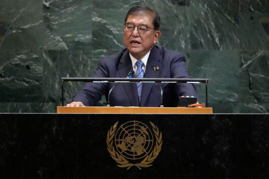 [뉴욕=AP/뉴시스]이시바 시게루 일본 총리가 지난달23일 미국 뉴욕 유엔 본부에서 열린 제80차 유엔총회에서 연설하고있다. 2025.09.24.
