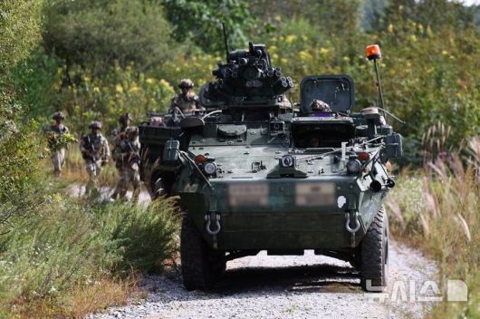 [인제=뉴시스] 사진공동취재단 = 25일 강원도 인제군 육군 과학화훈련단(KCTC) 도시지역훈련장에서 열린 제3회 국제 과학화전투 경연대회(K-ICTC)에서 미군 스트라이커 장갑차가 기동하고 있다. 2025.09.25. photo@newsis.com