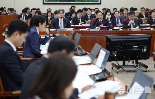 [서울=뉴시스] 김명년 기자= 김태기 중앙노동위원회 위원장이 27일 오전 서울 여의도 국회 기후에너지환경노동위원회에서 열린 경제사회노동위원회 등에 대한 국정감사에서 의원 질의에 답하고 있다. 2025.10.27. kmn@newsis.com