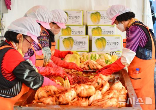 [괴산=뉴시스] 서주영 기자 = 7일 충북 괴산군 유기농엑스포광장에 열린 '2025 괴산김장축제'에서 현장 관계자들이 김치를 담그고 있다. 2025.11.07. juyeong@newsis.com