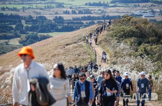 [제주=뉴시스] 우장호 기자 = 포근한 가을 날씨를 보인 16일 오후 제주시 애월읍 새별오름에서 관광객들이 억새를 감상하며 늦가을 정취를 만끽하고 있다.기상청에 따르면 17일부터 찬 대륙고기압의 영향으로 아침 기온이 영하권으로 떨어지는 등 큰 추위가 찾아올 것으로 전망된다. 2025.11.16. woo1223@newsis.com