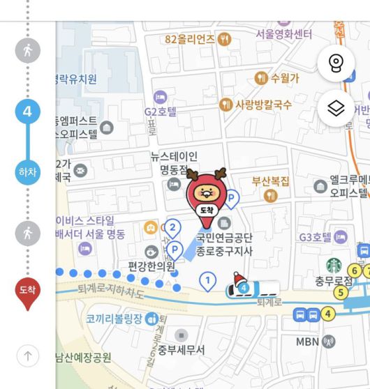 [서울=뉴시스] 25일 카카오에 따르면 카카오맵은 오는 31일까지 크리스마스 효과를 적용했다. 카카오맵에서 길찾기를 하면 지도 위 도착지 표시에 루돌프와 트리로 변신한 춘식이가 무작위로 등장한다. (사진=카카오맵 캡처) *재판매 및 DB 금지