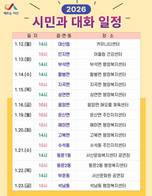 [서산=뉴시스] 2026년 시민과의 대화 일정표. (사진=서산시 제공) 2026.01.06. photo@newsis.com *재판매 및 DB 금지