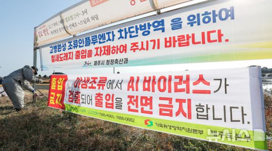[제주=뉴시스] 우장호 기자 = 14일 오전 제주시 구좌읍 하도리 철새도래지 인근 방역 초소 관계자가 예찰 활동을 하고 있다. 제주도는 서귀포시 성산읍 시흥리 해안에서 조류인플루엔자가 확인됨에 따라 반경 10㎞ 이내 가금류 사육 농가에 이동 제한 조치도 내린 상태다. 2026.01.14. woo1223@newsis.com