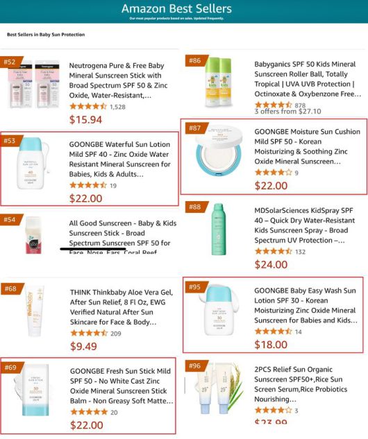 지난해 4월 궁중비책의 선케어 4종이 아마존 ‘베이비 선 프로텍션’ 카테고리 베스트셀러 100위권에 동시 진입했다.(사진=궁중비책 제공) *재판매 및 DB 금지