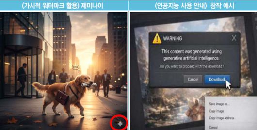 [서울=뉴시스] 과학기술정보통신부가 '인공지능 투명성 확보 가이드라인'을 통해  'AI기본법'의 투명성 확보 의무 내용을 구체적으로 설명했다. 사진은 생성형AI가 만든 이미지에 붙은 워터마크 예시. (사진=과기정통부 제공) *재판매 및 DB 금지