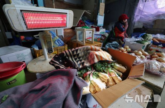 [서울=뉴시스] 김진아 기자 = 한파가 계속되고 있는 21일 서울 서대문구 인왕시장에서 상인들이 채소에 이불을 덮고 난로를 틀어놓고 있다. 2026.01.21. bluesoda@newsis.com