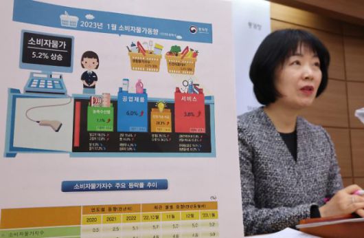 통계청, 1월 소비자물가 5.2% 상승     (세종=연합뉴스) 김주형 기자 = 김보경 통계청 경제동향통계심의관이 2일 오전 세종시 정부세종청사에서 2023년 1월 소비자물가동향을 발표하고 있다. 2023.2.2     kjhpress@yna.co.kr/2023-02-02 09:12:38/ <저작권자 ⓒ 1980-2023 ㈜연합뉴스. 무단 전재 재배포 금지.>