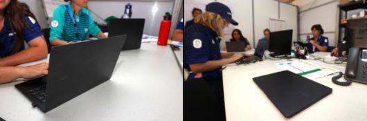 올림픽 운영 스탭과 자원봉사자가 파리 콩코르드 광장 근처 사무실에서 ‘갤럭시 북’ 노트북을 사용하는 모습. [사진=삼성전자]