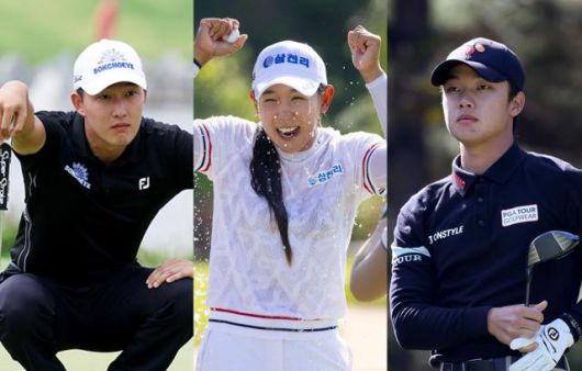 지난 시즌 한국프로골프(KPGA) 투어 신인상(명출상)을 두고 격돌한 김백준(왼쪽)과 송민혁(오른쪽). 지난 주 한국여자프로골프(KLGPA) 투어 해외 개막전(블루캐니언 레이디스 챔피언십)에서 우승한 박보겸이 동료들의 물 세례를 받고 있다. [사진=KPGA·KLPGA]