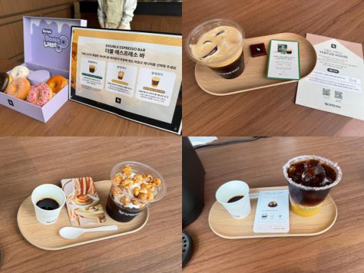 '버츄오 하우스'에서 맛볼 수 있는 한정 음료. (오른쪽 상단부터 시계방향) 파이크 플레이스, 팝!핑 펀치, 팝!콘파냐. [사진=박자연 기자]