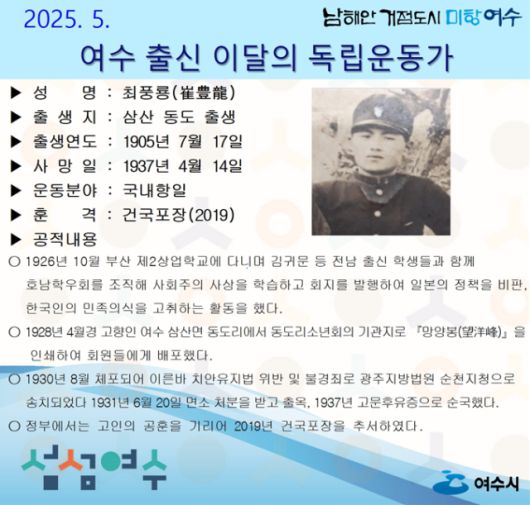 여수시(시장 정기명)가 2025년 5월의 독립운동가로 삼산면 동도리 태생 ‘최풍룡(崔豊龍)’ 선생을 선정했다. [사진=여수시]