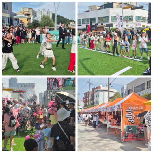 순천 성동교 인근 초록 인조잔디가 깔린 도심 광장에는 댄스 경연, 캐릭터 공연, 체험부스 등이 다채롭게 펼쳐져 가족 단위 관람객들의 발길이 이어졌다. [사진=박기현 기자]