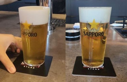 서울 성수동 '삿포로 프리미엄 비어스탠드'에서 제공하는 '퍼펙트 푸어'(왼쪽)와 '클래식 푸어' [사진=조현미 기자]