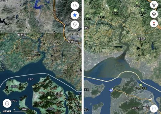 네이버 지도(왼쪽에서 첫번째)와 카카오맵(왼쪽에서 두번째)의 위성 지도 버전에선 예성강 표시가 나타나 있다. [사진=각 지도 서비스 캡처]