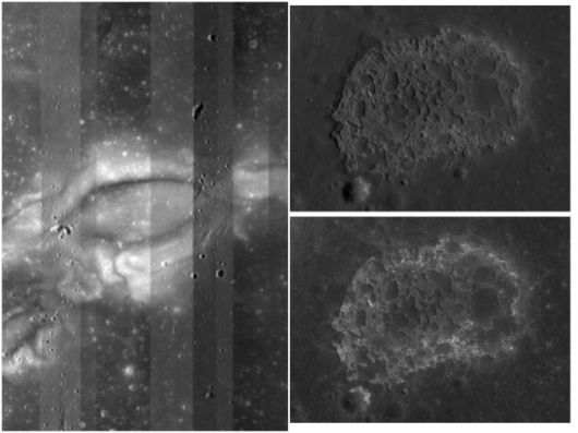 다누리가 고해상도카메라로 촬영한 자기이상지역 라이너감마(왼쪽)과 표면 특이 지형(오른쪽 위, 아래)의 모습 [사진=우주항공청]