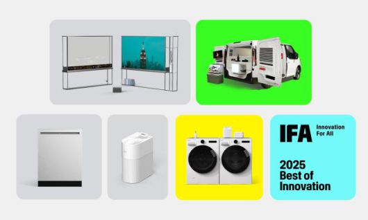 LG전자가 5일(현지시간) 독일 베를린에서 열린 IFA 2025 이노베이션 어워드에서 최고상을 비롯해 총 17개 상을 받았다. 시계 방향으로 △베스트 오브 IFA 및 홈엔터테인먼트 부문 최우수상을 받은 'LG 시그니처 올레드 T' △모빌리티 부문 최우수상을 받은 '슈필라움' △가전 부문 최우수상을 받은 AI 기능 식기세척기와 미세 플라스틱 필터 △접근성 부문 최우수상으로 선정된 'LG 컴포트 키트'. [사진=LG전자]