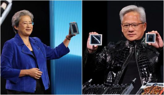 엔비디아와 AMD가 CES를 앞둔 5일(현지시간) 차세대 AI 반도체 칩을 공개했다. 사진은 (왼쪽부터) 미국 네바다주 라스베이거스 베네시안 호텔에서 키노트 연설을 하는 리사 수 AMD CEO, 퐁텐블로 호텔에서 열린 엔비디아 CES 2026 라이브에서 칩을 들고 있는 젠슨 황 엔비디아 CEO.[사진=연합뉴스]