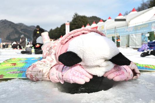 A child lies on the ice to peer into a fishing hole at the Hwacheon Sancheoneo Ice Festival in Hwacheon, Gangwon Province. Jan. 12, 2026. AJP Han Jun-gu