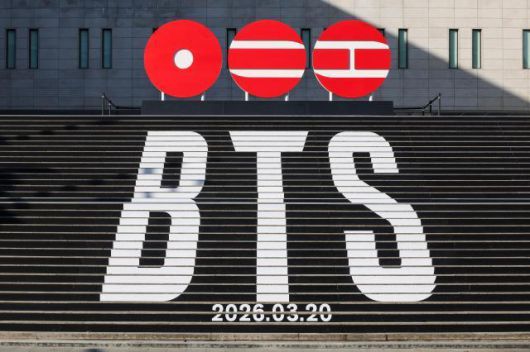 The BTS logo and the group's comeback date are shown on the steps of the Sejong Center for the Performing Arts in central Seoul on Jan. 7, 2026. AJP Yoo Na-hyun