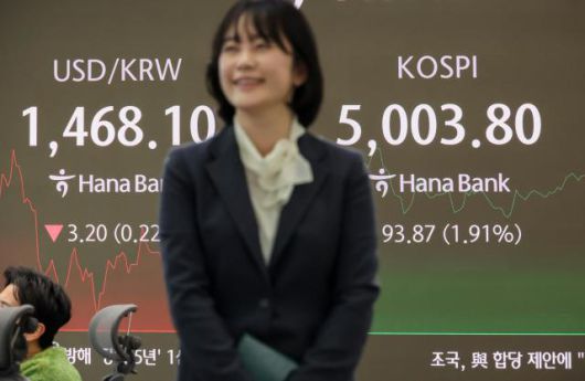 The benchmark KOSPI index surpasses the 5,000 mark during morning trading at a dealing room of Hana Bank in Jung-gu, Seoul, on Jan. 22.2026 AJP Yoo Na-hyun