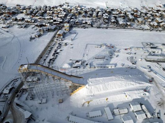 A drone view shows the big ski jump in the snow park in Livigno, which will host all Snowboard and Freestyle Skiing events as part of the Milano Cortina Winter Olympic games in Italy, January 9, 2026. REUTERS/Yonhap