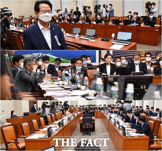 국회 기획재정위원회, 국토교통위원회, 행정안전위원회(위에서부터 아래로) 전체회의가 각각 열린 가운데 3군데 상임위 모두 미래통합당 의원들이 법안 상정에 반발하며 의석을 비워두고 있다. /남윤호 기자