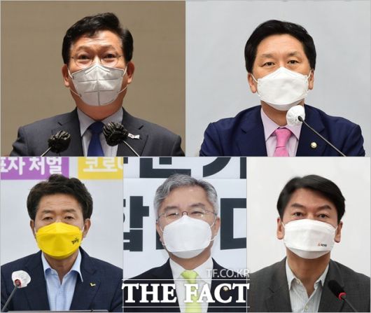 왼쪽 위에서부터 시계방향으로 26일 청와대에서 문재인 대통령과 오찬 간담회를 하는 송영길 더불어민주당 대표, 김기현 국민의힘 대표 권한대행, 안철수 국민의당·최강욱 열린민주당·여영국 정의당 대표(왼쪽부터). /이선화·남윤호 기자