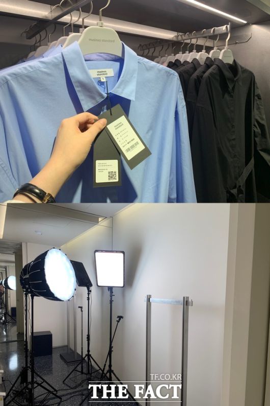 무신사 스탠다드 홍대 매장에 있는 모든 의류에는 QR코드가 부착돼 있었다. 온오프라인 연동 결제 서비스로 고객의 편의성을 높인 것이다. 스튜디오 분위기가 나는 라이브 피팅룸도 만나볼 수 있었다. /한예주 기자
