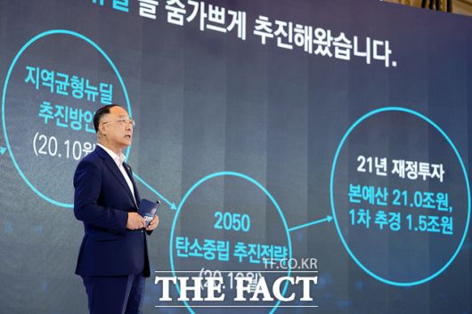 홍남기 경제부총리 겸 기획재정부 장관이 14일 청와대 영빈관에서 열린 제4차 한국판 뉴딜 전략회의에서 '한국판 뉴딜 2.0'에 대해 보고하고 있다. /청와대 제공