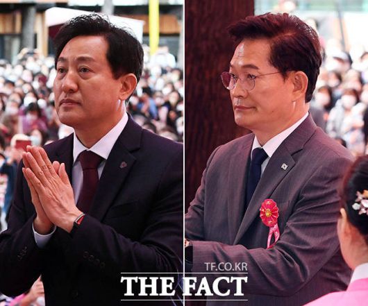 이날 조계사에서 열린 봉축 법요식에는 국민의힘 서울시장 후보인 오세훈 서울시장과 더불어민주당 후보인 송영길 후보가 함께 참석했다. /인수위사진기자단