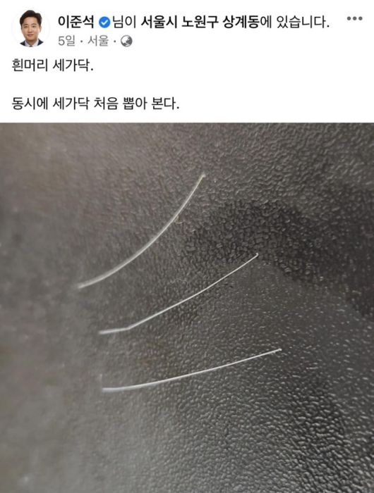 이 대표는 지난 달 26일 자신의 페이스북에 "동시에 흰머리 세 가닥은 처음 뽑아본다"고 적었다. 이를 두고 자신과 갈등을 가진 배현진·안철수·장제원 의원을 겨냥한 것 아니냐는 분석이 나온다. /이 대표 페이스북 갈무리