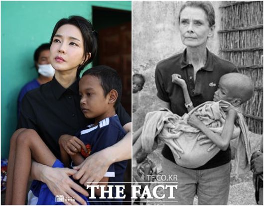 장경태 의원은 이 사진을 지적하며 김건희 여사가 영국 배우 오드리 헵번을 코스프레 했다며 강하게 비판했다. 오드리 헵번의 사진은 1992년 소말리아에서 봉사활동을 하는 모습으로 전세계에 큰 영향을 미쳤다. /대통령실 제공·유니세프 페이스북