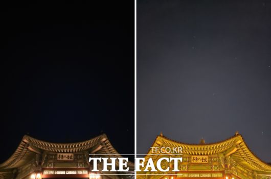 갤럭시S23 울트라의 '엑스퍼트 RAW' 기능을 사용하면 마치 DSLR 카메라를 사용하는 것처럼 ISO·셔터속도·화이트밸런스를 사용자가 직접 조절할 수 있다. 사진은 갤럭시S23 울트라 엑스퍼트RAW 모드로 촬영한 북악팔각정(왼쪽)과 일반 모드로 촬영한 북악팔각정의 모습. /최문정 기자