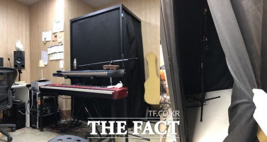 김승재는 "녹음실도 사무실 내에 부스 형식으로 만들어 놓은 곳(사진)을 쓰라고 강요하면서 40만 원씩을 책정했다. 서울 소재 녹음실 대부분의 가격은 기사료 포함 25만 원이다. 1년의 사투 끝에 외부 녹음실을 이용할 수 있었다"고 말했다. /김승재 제공