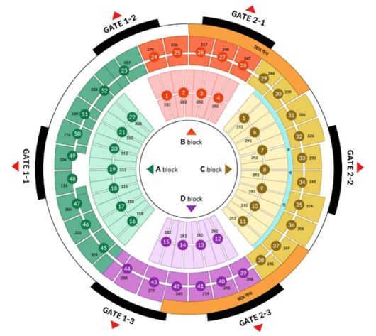 서울 공연 예매 일정이 사흘 앞으로 다가선 가운데 '티켓 경쟁'은 더욱 치열할 것으로 보인다. 지난해 임영웅의 전국투어 관람권은 예매 오픈과 동시에 매회 전석 매진됐다. 서울 KSPO DOME 콘서트 자리배치도. /물고기 뮤직