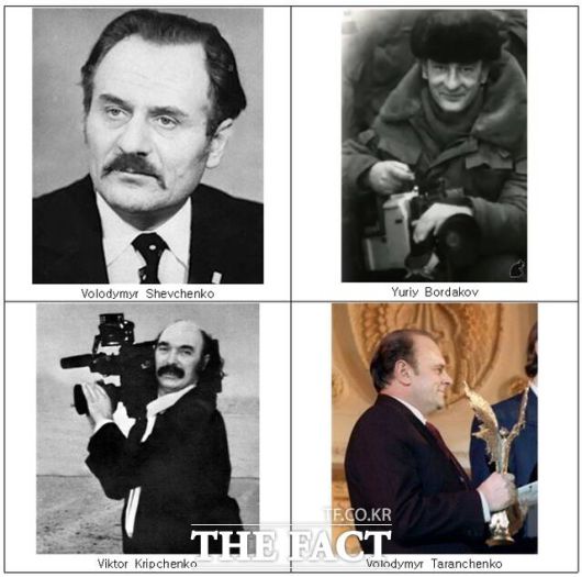 <제3회 힌츠페터 국제보도상 오월광주상 수상자>-오월광주상 (May Gwangju Award) 을 수상한 <체르노빌 원자력 발전소 폭발사고(1986) 현장취재 영상기자 4명>舊 소련 우크라이나 중앙TV(Central TV in Ukraine).(왼쪽 위부터 시게방향) 故 볼로디미르 쉐브첸코(Volodymyr Shevchenko, 1929-1987), 유리 볼다코프(Yuriy Bordakov, 1946), 故 볼로디미르 타란첸코(Volodymyr Taranchenko, 1933-2019), 故 빅토르 크리프첸코(Viktor Kripchenko, 1948-2019).