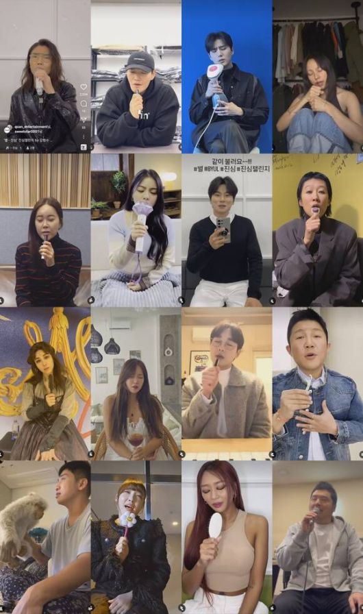 쟁쟁한 스타들이 별의 '진심챌린지'에 동참했다. 김범수 김종국 영케이 이효리 홍진경 조세호 영준 효린 이은지 유세윤 옥주현 백지영 에일리 이이경 이석훈 소유(왼쪽 위부터 시계 방향) /별 SNS 영상 캡처